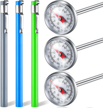 Xuhal 3 Pcs Stainless Steel Kitchen Thermometer with 5 Inch Long Stem 1 Inch Dial Thermometer Milk Frothing Food for Oven Probe Meat Grill BBQ Cooking Chocolate Water (Gray,Green,Blue)