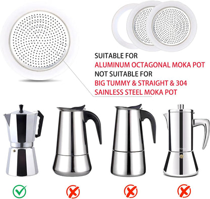 2 Pcs Filter with 3 Pcs Silicone Gasket Seals for 6 Cup Stovetop Espresso Coffee Maker Replacement Parts for DITOSH Aluminium Moka Pot