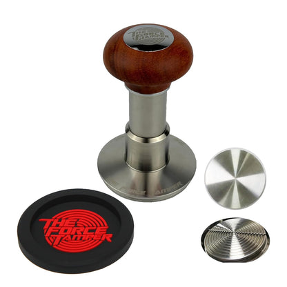 The Force Tamper Automatic Impact Adjustable Constant Pressure and Autoleveling Coffee Tamper Reddish Brown Jellyfish Wooden Handle Set Pro (Ripple-Distribute Set, 53.50mm)