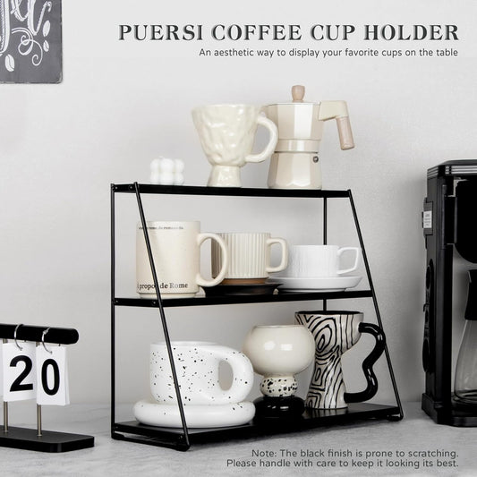 PUERSI Coffee Mug Holder, Metal Mug Display Rack for Countertop, 3 Tier Mug Shelf, Coffee Station Accessories Organizer for Kitchen, Office, Home - Black