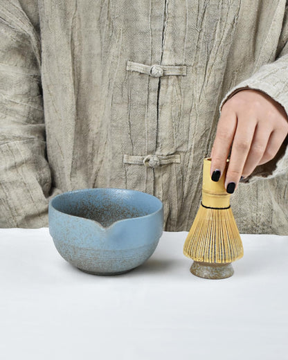 Artcome Premium Matcha Tea Set - 17oz Handcrafted Ceramic Bowl with Blue Reactive Glaze, Bamboo Whisk, Scoop, Whisk Holder & Brewing Guide - Japanese Tea Ceremony Tools for Perfect Matcha Preparation