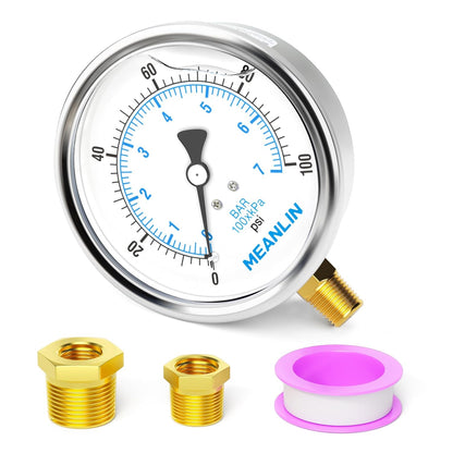 MEANLIN MEASURE 0~100Psi Stainless Steel 1/4" NPT 4" FACE DIAL Liquid Filled Pressure Gauge WOG Water Oil Air Lower Mount, with 1/2" NPT and 3/8" NPT Hex Bushing