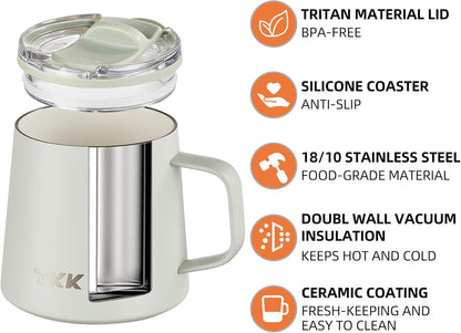 TKK 12 oz Insulated Coffee Mug with Handle Ceramic Coating Detachable Slider Lid Stainless Steel Tumbler Double Wall Vacuum Travel Cup