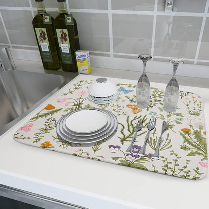 Wild Flowers Herbs Dish Drying Mat for Kitchen Counter Decor 18x24 Inch Vintage Floral Absorbent Reversible Microfiber Dish Drying Pad Sage Plant Dish Drainer Rack Mats for Coffee Bar Kitchen