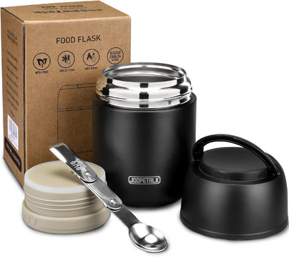 17 oz Insulated Lunch Containers, Black, Vacuum Stainless Steel Thermo Lunch Box with Handle and Folding Spoon for School, Office, Travel