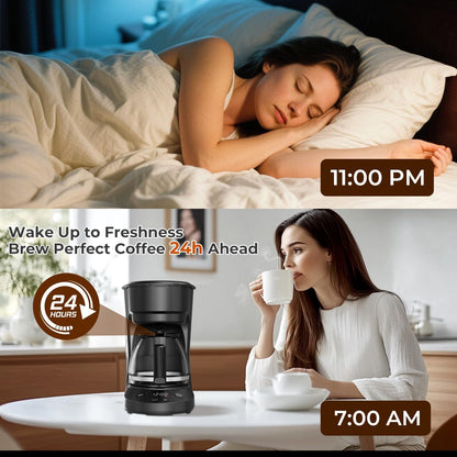 5-Cup Drip Coffee Maker with 24h Programmable Timer, Compact Coffee Machine with Food-grade Glass Carafe, 2h Keep Warm with Auto Shut-off, Delay Brew, 25oz Water Tank, Ideal for Home/Office
