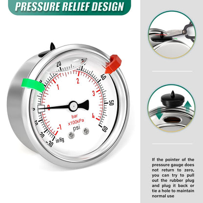 -30inHG-60PSI Stainless Steel Glycerin Liquid Filled Vacuum Pressure Gauge 2.5" Dial Size, 1/4" NPT Back Mount, for Water, Oil and Air Pressure Testing (with Range Mark Pointer)