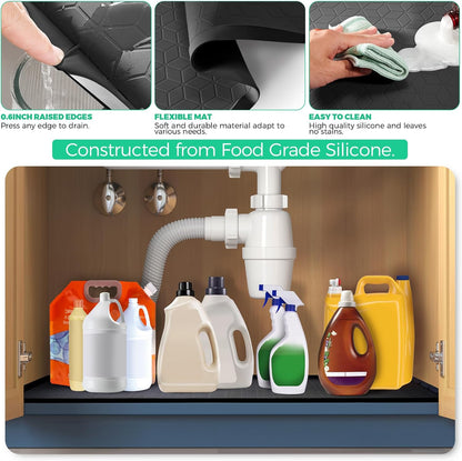 TRZZ Silicone Waterproof Under Sink Mat 28" x 19", Drip Tray and Cabinet Liner for Kitchen and Bathroom, Prevents Water Damage and Organizes Cabinets (Black)