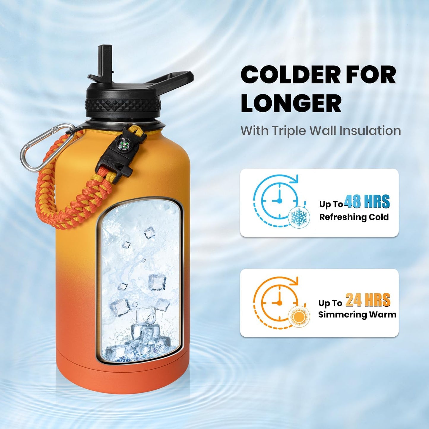 Insulated Water Bottle 64 oz, Triple Wall Vacuum Stainless Steel (Cold for 48 Hrs), Leak Proof & Non-BPA, Half Gallon Water Flask Jug with Paracord Handle & Straw Spout Lids, Ombre Orange
