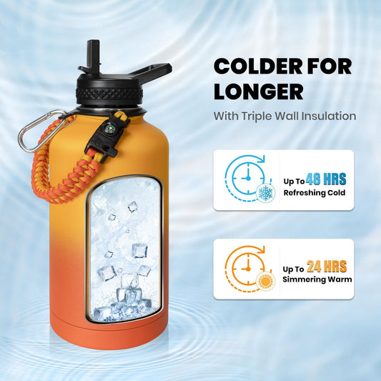 Insulated Water Bottle 64 oz, Triple Wall Vacuum Stainless Steel (Cold for 48 Hrs), Leak Proof & Non-BPA, Half Gallon Water Flask Jug with Paracord Handle & Straw Spout Lids, Ombre Orange