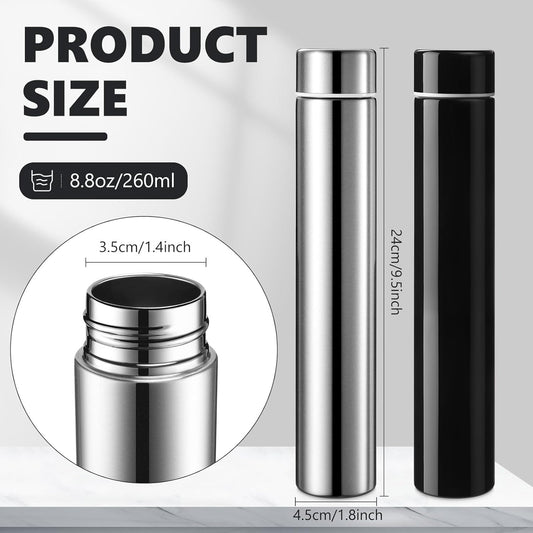 Vesici Slim Water Bottle 8.8 oz Small Stainless Steel Purse Compact Insulated Water Bottles Camping Travel Backpack Pocket Flask for Car Cold Coffee Tea(Silver, Black,2 Pack)