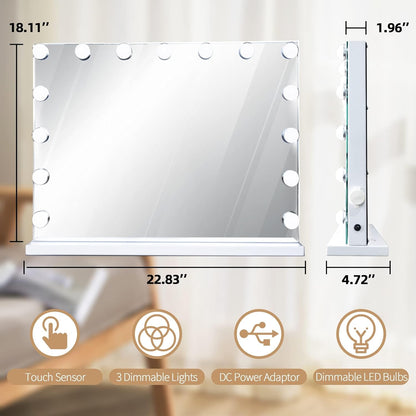Hollywood Vanity Mirror with Lights, 15 Dimmable LED Bulbs 3 Color Lighted Makeup Mirror with Detachable 10X Magnification Mirror, Tabletop or Wall-Mounted, Touch Control
