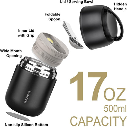 Insulated Food Container 17 oz Soup Thermo for Hot Food Kids Adults, Stainless Steel Vacuum Lunch Box with Folding Spoon, Adult Kids Thermo Portable with Handle for School, Office, Outdoor