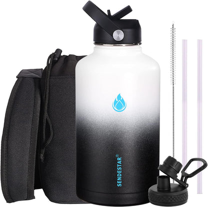 SENDESTAR Water Bottle 64oz Double Wall Vacuum Insulated Leak Proof Stainless Steel Sports Water Bottle—Wide Mouth with New Flex Straw Lid & Spout Lid (Day&Night)