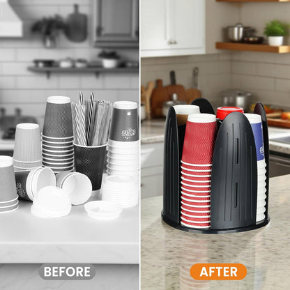 Cup and Lid Organizer ,Paper Cup Dispenser Disposable Coffee Cup Dispenser Removable Cup Holder for Bathroom,Countertops, Kitchen , Office ,Coffee Station, Bar Buffet,4 Compartment Rotating