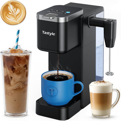 Single Serve Coffee Maker with Built-in Detachable Milk Frother, Iced and Hot Coffee Machine for K Cup & Grounds, 40oz Removable Water Reservoir, 6 Cup Sizes, Fits 7.3" Travel Mug, Black