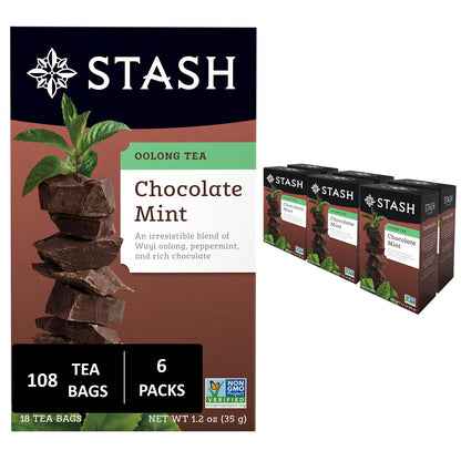 Stash Tea Chocolate Mint Wuyi Oolong Tea - Caffeinated, Non-GMO Project Verified Premium Tea with No Artificial Ingredients, 18 Count (Pack of 6) - 108 Bags Total