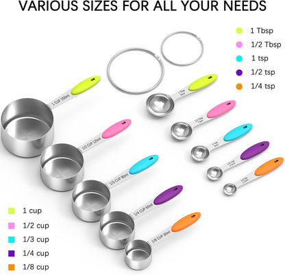 TILUCK Measuring Cups and Spoons Set, Stainless Steel, Kitchen Utensils for Cooking and Baking (10, Colorful)