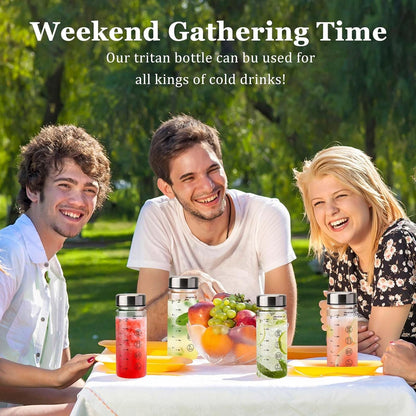 4 Pack Juice Bottles with Caps - Wide Mouth Resuable Clear Plastic Water Bottles for Juicing,Smoothie,Protein, Beverage,Storage Containers,BPA Free,Leakproof Stainless Steel Lid(12 Ounces)