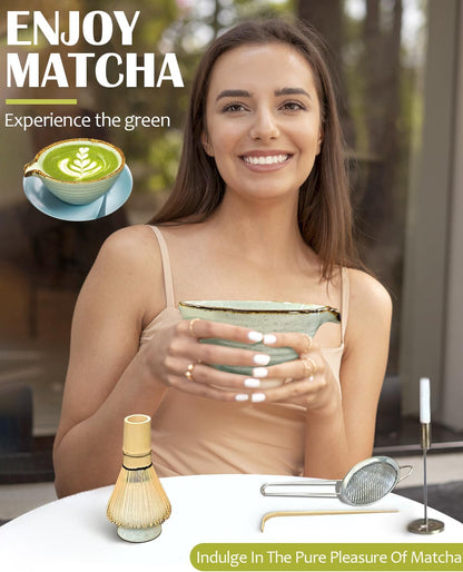 Matcha Whisk Set with Matcha Bowl, Matcha Whisk Holder Matcha Bamboo Whisk, Scoop, Sifter, Unique Gifts for Women Men Girl Friend Home Kitchen Decor Gifts for Tea Enthusiasts Christmas