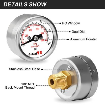 150Psi/1000Kpa Mini Pressure Gauge,Stainless Steel Housing,Brass Internal,1.2 Inch Dial,NPT 1/8" Back Mount,Dry Type, Lead-Free Material,for Air,Water,Oil Pressure Test