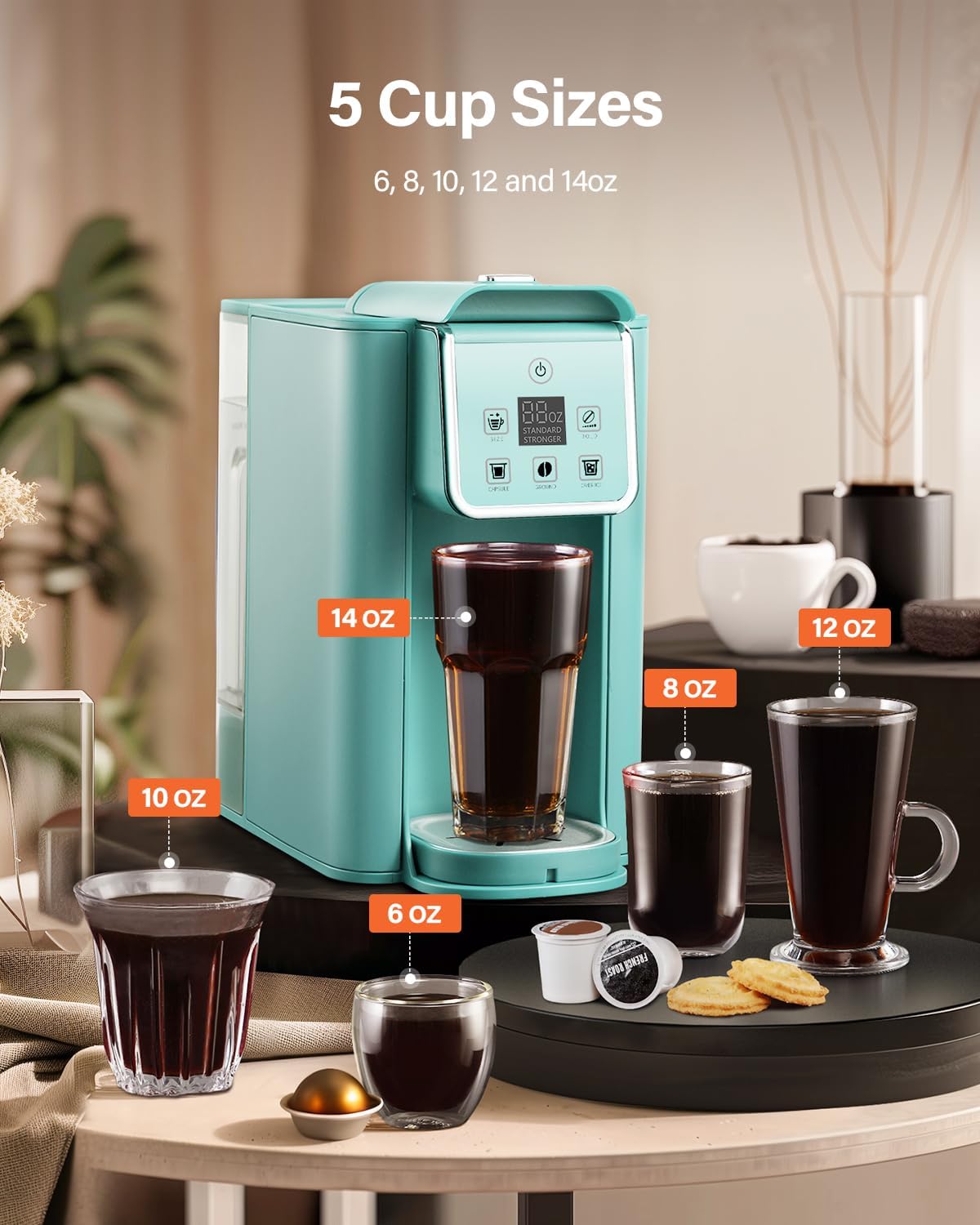 SHARDOR Single Serve Coffee Maker, Hot and Iced Coffee Machine for K Cup Pods & Ground Coffee, 6 to 14 oz Brew Sizes, with 50 oz Removable Water Tank, Bold Brew Setting, Stainless Steel, Blue