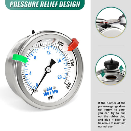0-300PSI Stainless Steel Liquid Filled Pressure Gauge, 2.5" Dial Size, 1/4" NPT 316 Stainless Steel Joint, Back Mount, for Tube, Water Pump, Gas, Liquid (with Range Mark Pointer)