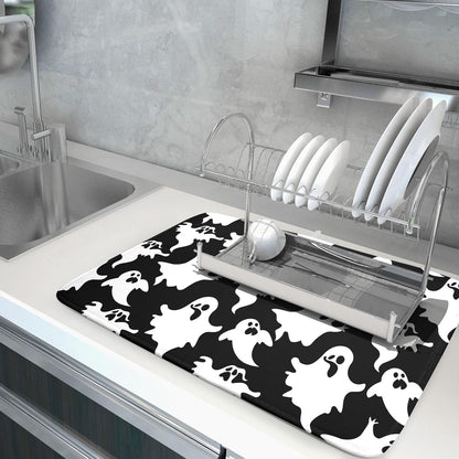 Halloween Bat Ghosts Dish Drying Mat for Kitchen Counter,Halloween Spooky Ghost Black and White Drying Mat 18 x 24 Inch Microfiber Dish Drying Pad Dish Rack Pad Drainer Mat for Coffee Bar
