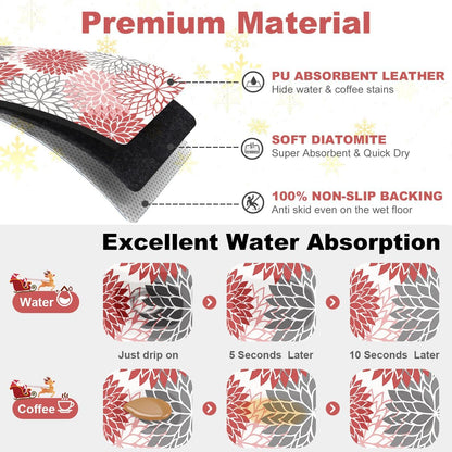Findosom 2PCS 12" x 20" Christmas Dish Drying Mat & 24" x 5.5" Sink Splash Guard, Super Absorbent & Cuttable Dish Mat Drying Kitchen Mat with Red Floral, Hide Stain Drying Mat for Kitchen Counter