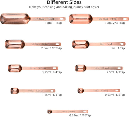 Copper Measuring Spoons Set, Stainless Steel Measuring Spoons Set 10, Metric&US Long Handle Measure Spoons for Kitchen&Baking, Metal Measure Tools with 1/16Tsp&2/3Tbsp for Spice Jar