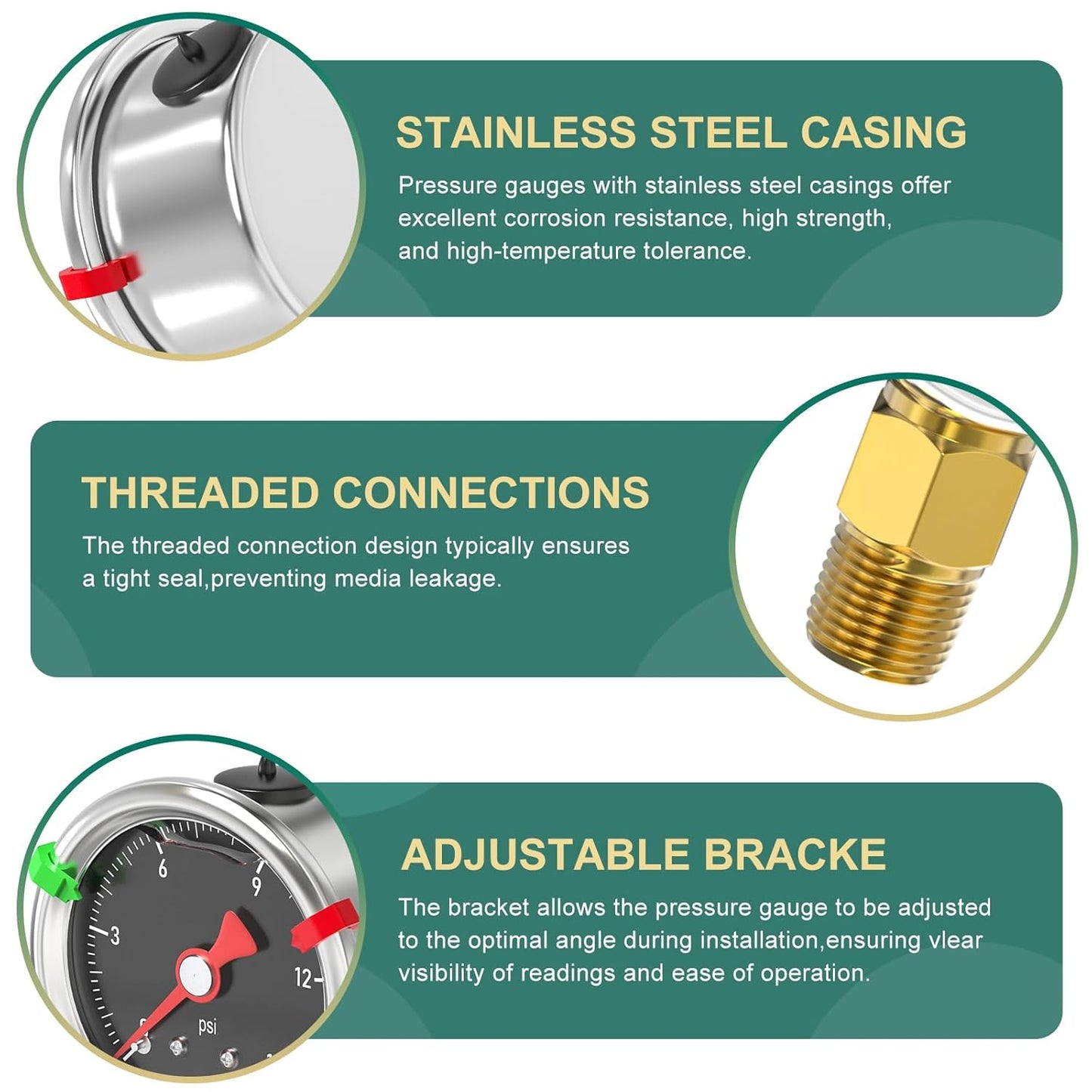 0-15PSI Stainless Steel Glycerin Filled Pressure Gauge 1.5" Black Dial Size, 1/8" NPT Back Mount, for Tube, Water Pump, Gas, Liquid, Pressure Test (with Range Mark Pointer)