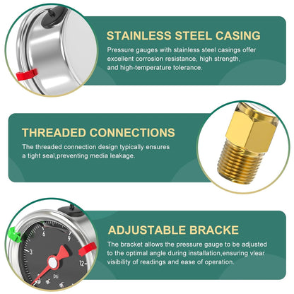 0-15PSI Stainless Steel Glycerin Filled Pressure Gauge 1.5" Black Dial Size, 1/8" NPT Back Mount, for Tube, Water Pump, Gas, Liquid, Pressure Test (with Range Mark Pointer)