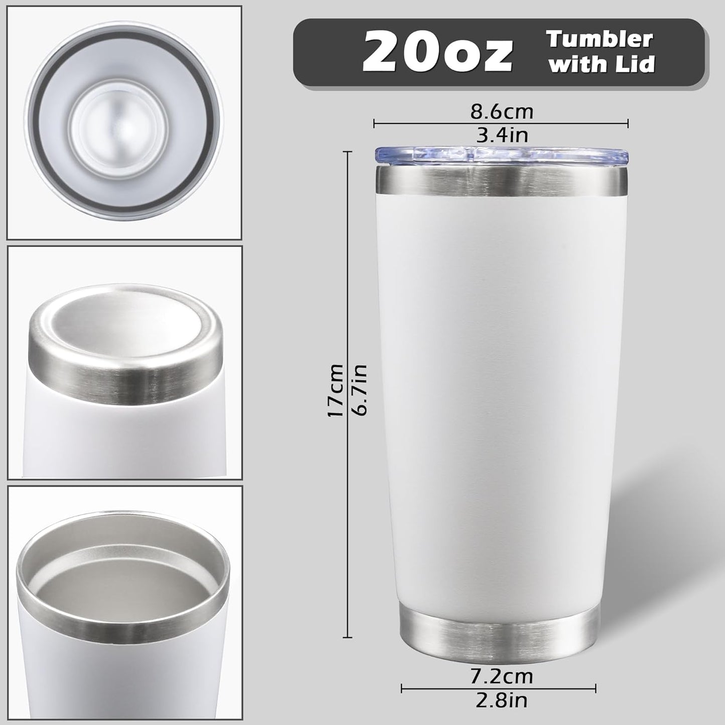 20oz Tumbler Bulk Stainless Steel Tumblers with Lid Vacuum Insulated Double Wall Travel Coffee Mug Powder Coated Tumbler Cup for Hot and Cold Drinks(White, 1 pack)