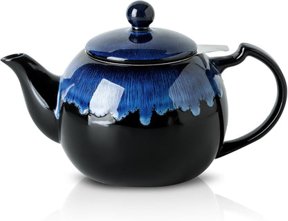 KOOV Tea Pot with Infuser for Loose Tea, 34 ounce Ceramic Teapot with Infuser, Enough For 6 Cups, Tea Pots with Tea Strainers for Tea Party, Reactive Glaze (Nebula Blue)