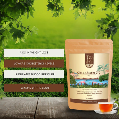 Tealeaf & Co. Classic Assam CTC Chai - 100% Pure Loose Leaf Black Tea - Low Caffeine Premium Tea - Upto 50 Servings (3.52oz/100gm)