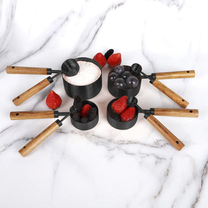 Collection 8 Piece Black Measuring Cups Set and Measuring Spoons, Golden With fragrant wood Handles-Complete Set of Measure Cups and Spoons For Cooking and Baking.
