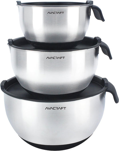 AVACRAFT 18/10 Stainless Steel Mixing Bowls with Lids, non slip silicone base bowls with Handle, Mixing Bowl Set with Pour Spouts & Measurement Marks, Home Essentials Cooking Bowls, (Black)