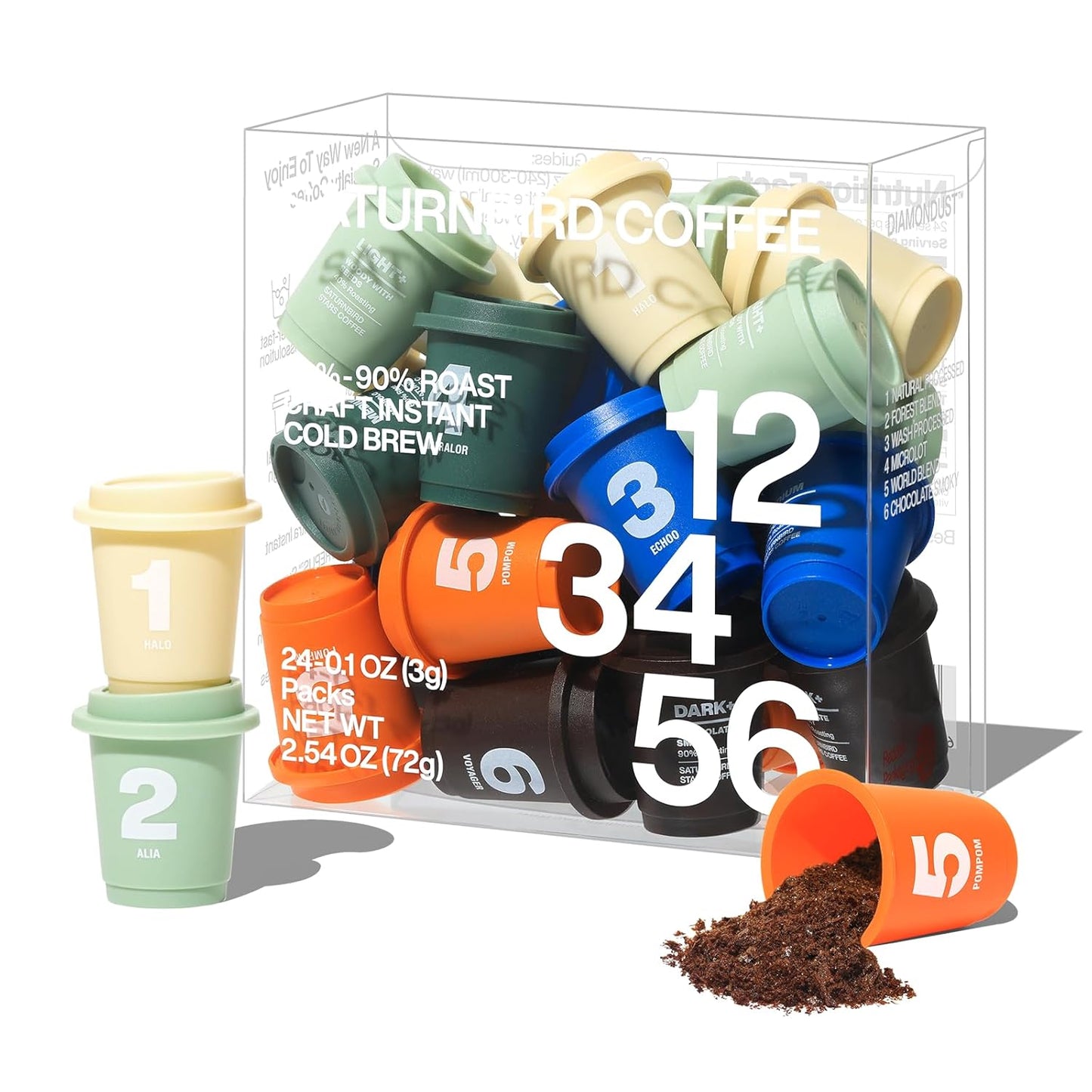 SATURNBIRD Coffee Instant Cold Brew - Light, Medium, Dark Roast Variety Pack, 6 Roast Levels (NO.1-6), 100% Arabica with DIAMONDUST Technology, 24 Single Serves Perfect for Iced Coffee