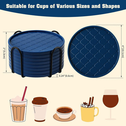 Coasters Set of 8,Hot or Cold Drink Coasters with Holder,Modern Style Coffee Table Coaster,Suitable for Kinds Cups Beer,Drink,Anti-Overflow Tabletop Protection (Navy Blue, 8pcs)