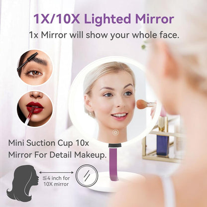 9.65-inch Lighting Makeup Mirror, 1x / 10x, Touch Control, 3-Color Adjustable, Metal Stand, up and Down Adjustable Makeup Mirror,High Color Rendering, Eye-Protecting Light Source,Pink