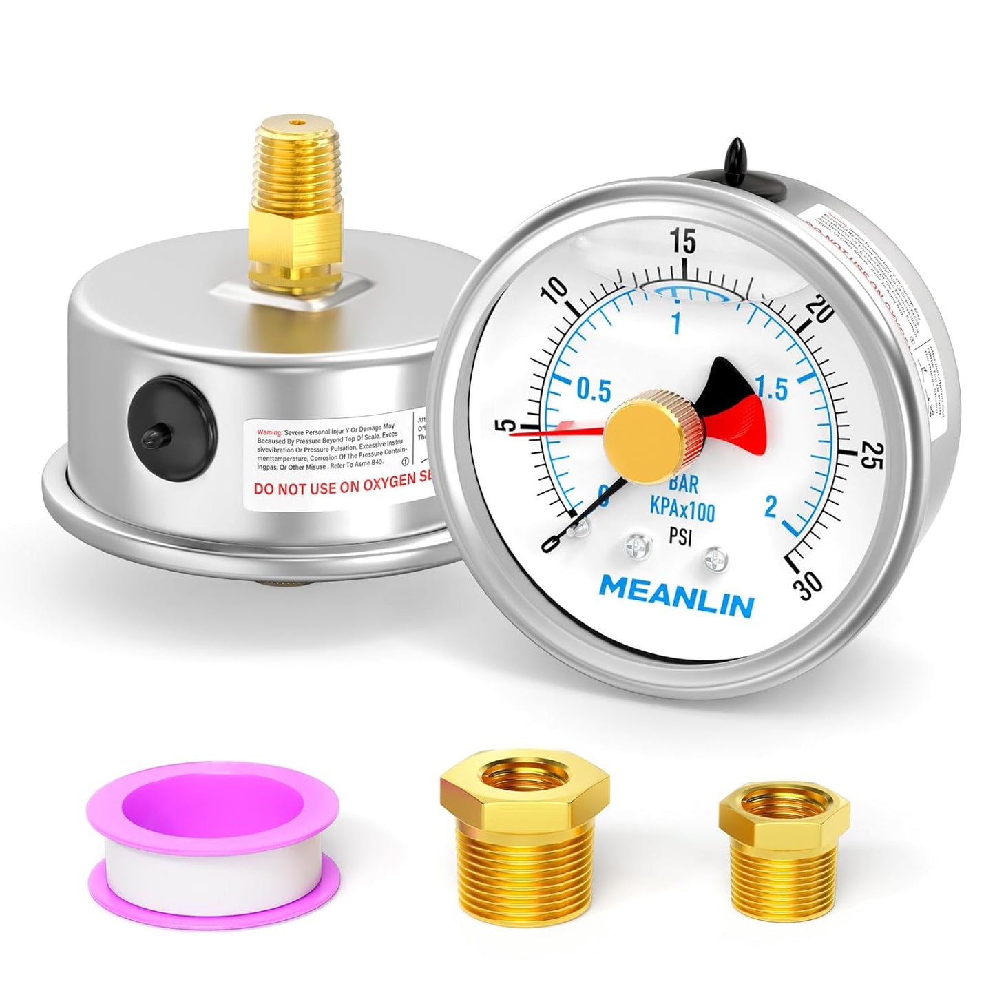 MEANLIN MEASURE 0~30Psi Stainless Steel 1/4" NPT 2.5" FACE DIAL with Reset Pointer Liquid Filled Pressure Gauge WOG Water Oil Air, Back Mount, with Brass Hex Bushing
