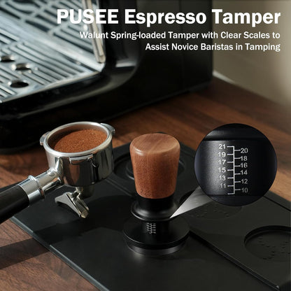 PUSEE 51mm Espresso Tamper,Calibrated Tamper with 30lbs Double Spring Loaded Tamper Walnut Wood Coffee Tamper for Barista Home,Titanium PVD Coating Base Tamper Espresso Tool Fits 51mm Portafilters
