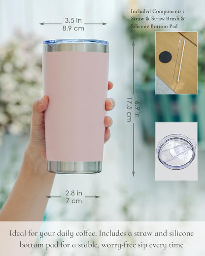 Travel Coffee Tumbler 20oz, 8 Pack Leakproof Travel Coffee Mug with Lid and Straw, Stainless Steel Double Wall Vacuum Insulated Tumbler for Hot/Iced Drinks (Textured Matte, Soft Pink)