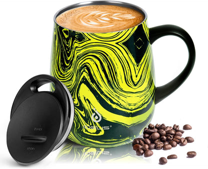 Ideus 16 oz (470 ml) Insulated Coffee Mug with Handle and Lid, Double Wall Stainless Steel Vacuum Thermal Coffee Mug, Travel Coffee Cup Thermal Cup for Home and Office (Yellow Zebra)