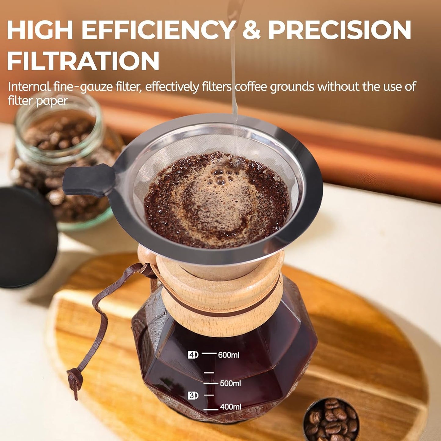 Pour Over Coffee Maker 600ml with 304 Stainless Steel Filter and Wooden Collar Holder Borosilicate Glass Drip Coffeemaker Server Set Clear Hand Brew Dripper Carafe for Home Camping Travel 20.3oz