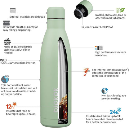 BJPKPK 25oz Insulated Water Bottle Double Wall Vacuum Insulated Stainless Steel Water Bottles for Spots Keep Cold and Hot,Macaron Green