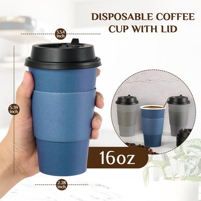 LITOPAK 100 Pack 16 oz Disposable Paper Coffee Cups with Lids, Sleeves and Stirring Sticks for Hot Coffee, Water or Juice, Blue and Gray Hot Paper Cups for Cafes, schools, offices, shops