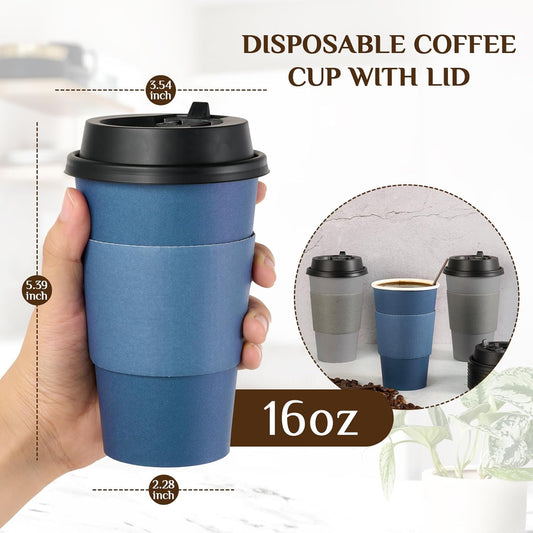 LITOPAK 100 Pack 16 oz Disposable Paper Coffee Cups with Lids, Sleeves and Stirring Sticks for Hot Coffee, Water or Juice, Blue and Gray Hot Paper Cups for Cafes, schools, offices, shops