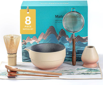 Artisan Matcha Whisk Set - 8 Pcs Premium Matcha Set with Bowl (Chawan), Bamboo Whisk & Tools | Matcha Kit for Making Breakfast/Latte | Gift for Matcha Lovers (Sunset Yellow)