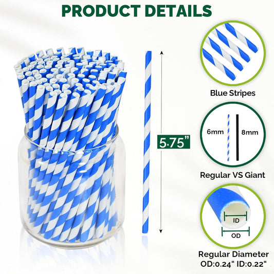 5.75 inch Blue/White Striped Paper Straws & Stirrer Sticks 500 Counts, for Cocktail, Coffee, Bars and Restaurants, Disposable